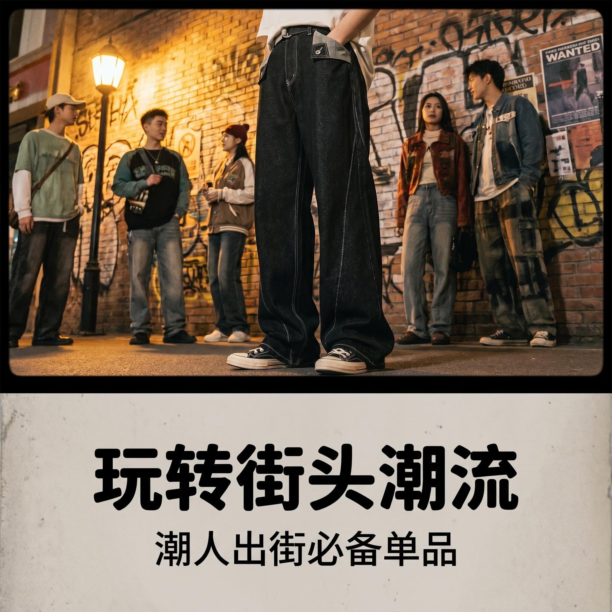 复古腰带款格纹拼接阔腿牛仔长裤宽松显瘦街头潮流做旧牛仔裤男女