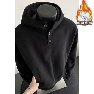 重磅加绒加厚卫衣男生冬季新款美式宽松大码纽扣连帽硬挺宽松外套