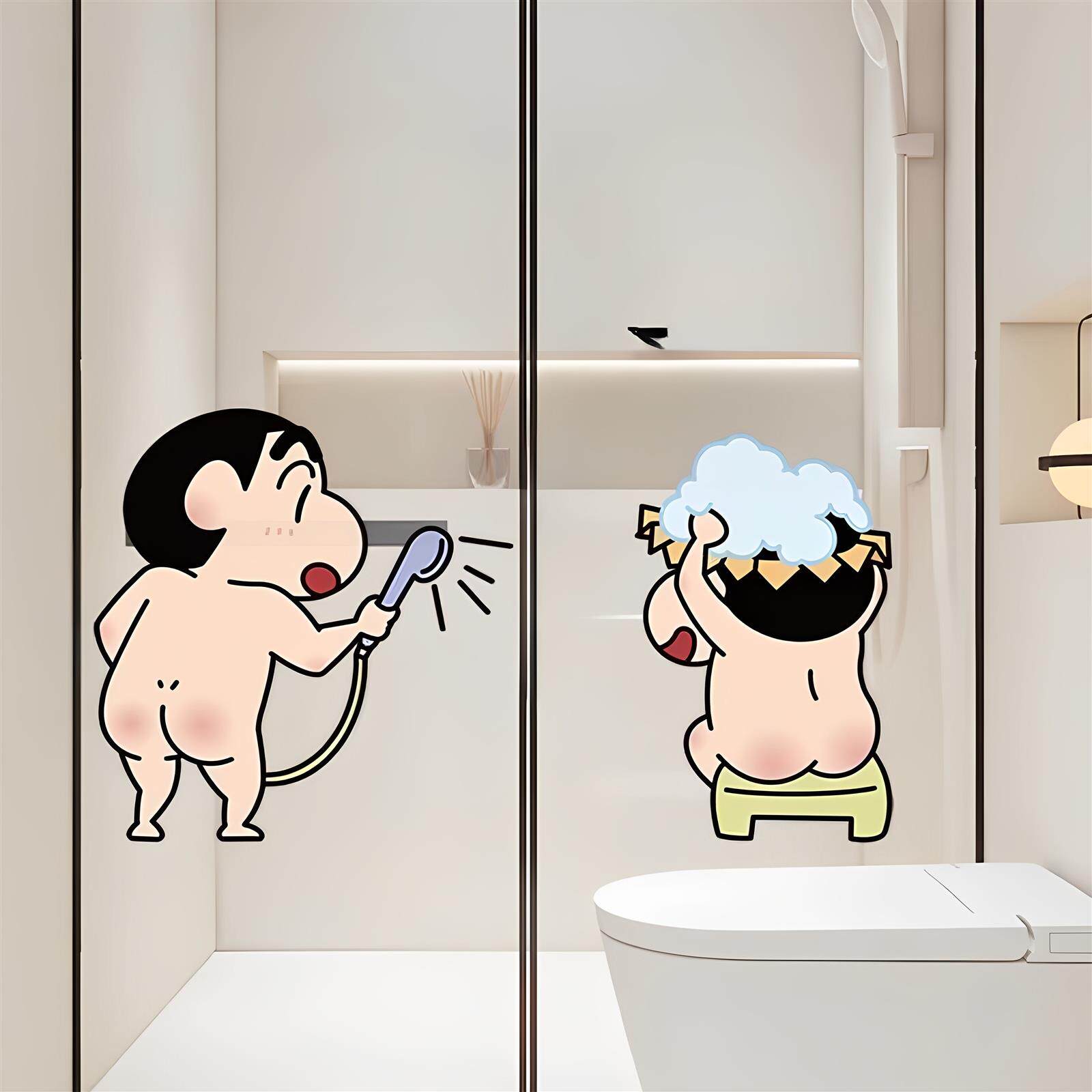 蜡笔小新浴室马桶贴纸自粘卫生间遮挡神器装饰小图案高级感玻璃图片