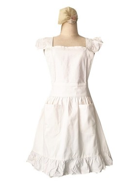 白色棉布花边女仆围裙粉色双口袋背带交叉欧式韩版公主围裙亚马逊