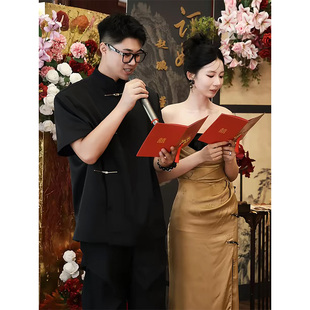新中式订婚男装夏季短袖衬衫中山装国风立领衬衣新郎西服内搭套装