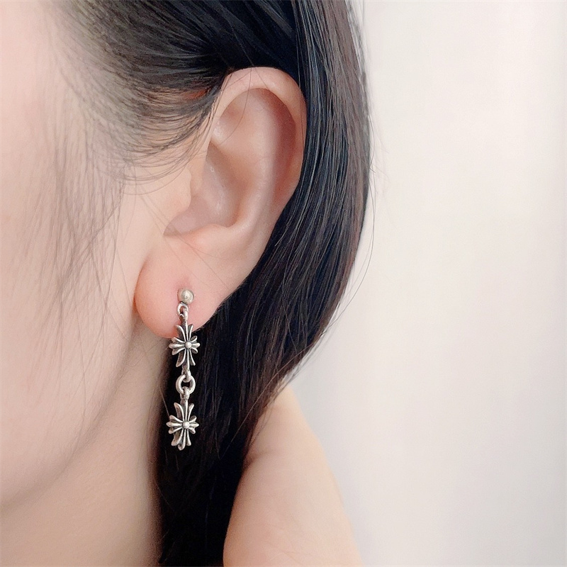 克罗潮牌轻奢CH925纯银实心十字架耳饰耳钉耳环耳坠网红流苏耳线