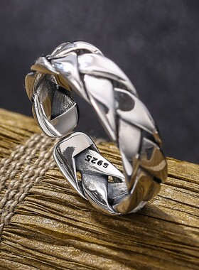 克罗潮925纯银爱心对戒编织亮面尾戒时尚潮流开口指环男女款戒指