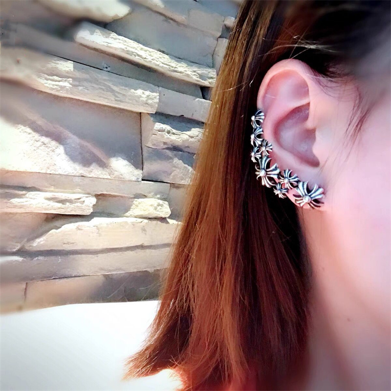 克罗潮牌银饰心耳骨夹CH耳坠十字架耳夹925纯银耳钉个性耳环耳饰