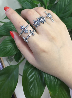 牌克罗925纯银潮牌复古五角星星心开口箭头戒指个性尾戒蛇蛇指环