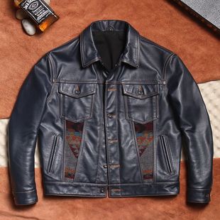 进口全粒面头层牛皮风暴骑士工装牛仔夹克男士短款真皮皮衣单排扣