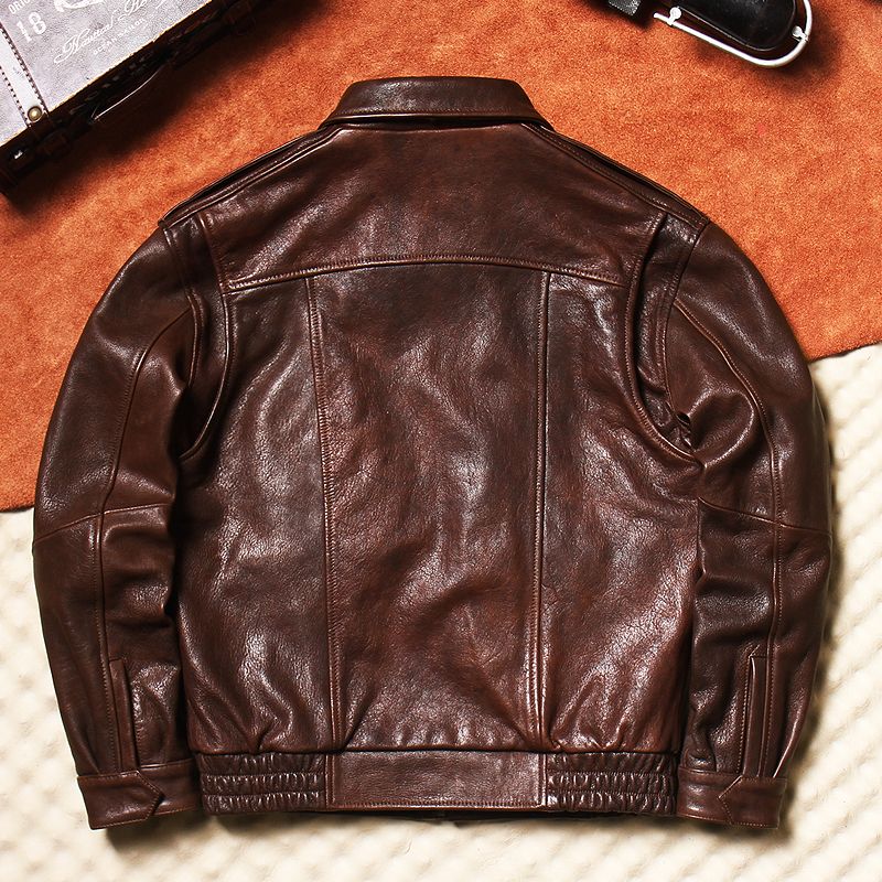 无涂透染头层山羊皮飞行服夹克复古油蜡真皮皮衣大码短款男外套