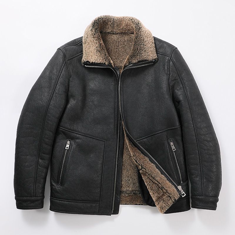 醇植浆染皮毛一体男复古做旧重水洗男士原生态羊皮皮夹克外套真皮