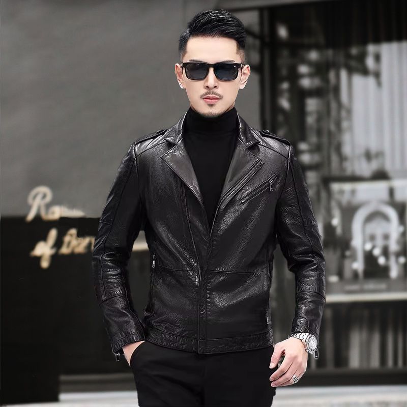 2025海宁真皮皮衣头层牛皮西装领短款机车皮夹克男士修身春秋外套