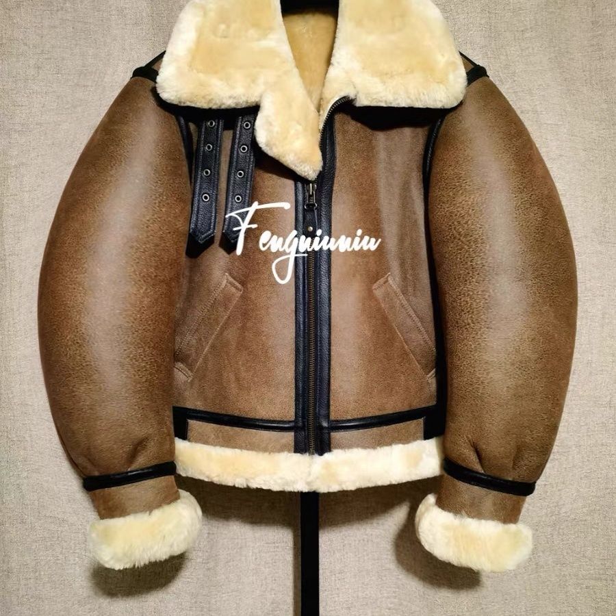 美国B3皮毛一体欧美原产经典复古均裂纹棕色爆厚夹克外套男女同款