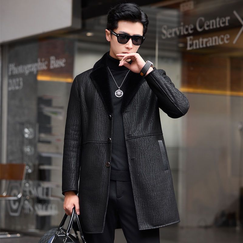 海宁新款皮毛一体男真羊皮羊毛中长款西装领皮风衣加厚大衣外套冬