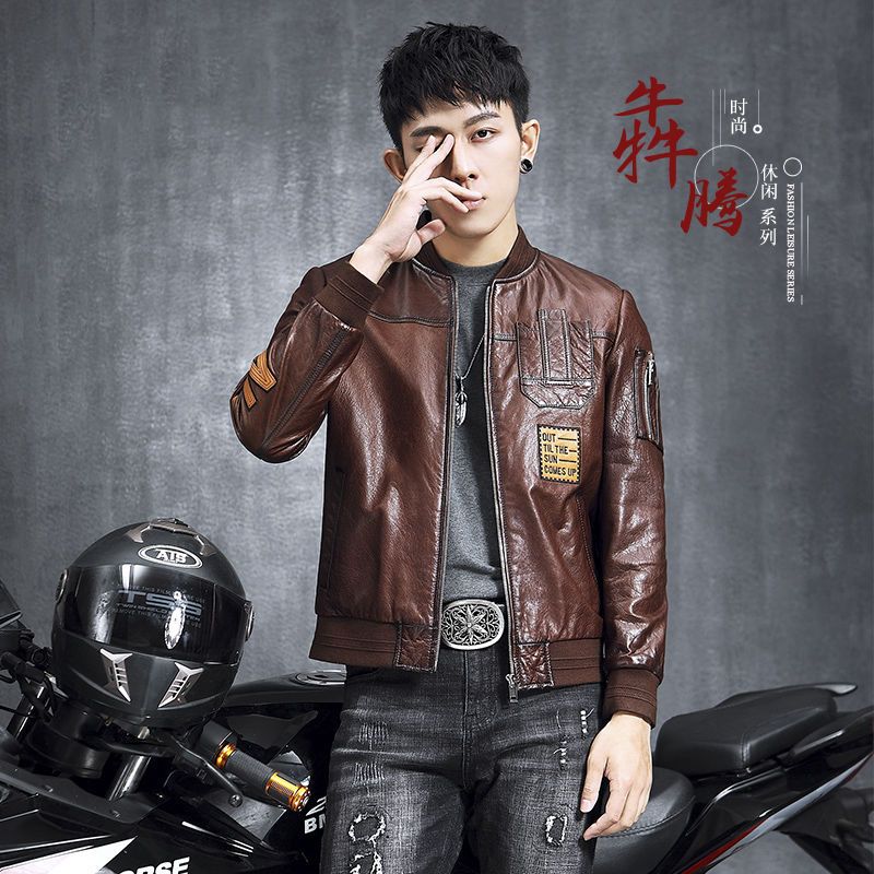 秋冬新款海宁真皮皮衣男士棒球领修身绵羊皮夹克帅气短装韩版外套