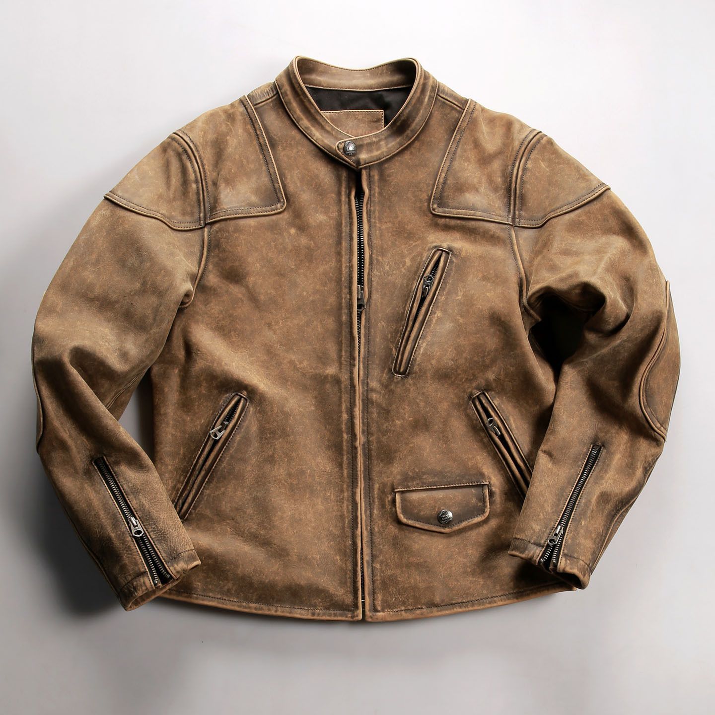 美式复古磨砂龟裂牛皮毒液夹克男阿美咔叽美式立领修身短真皮皮衣