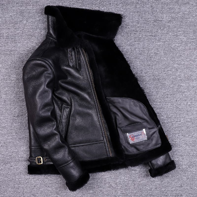 绵羊皮毛一体男真皮外套冬季御寒皮衣B3飞行夹克加厚机车短款皮草