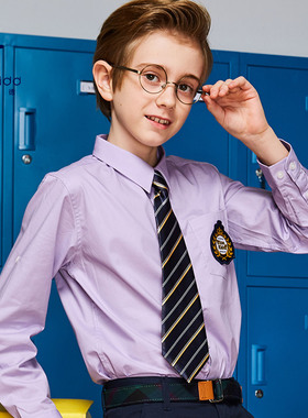 伊顿纪德男童浅紫色长袖衬衫春秋纯棉小学生丁香紫校服衬衣12C116