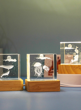 水晶方体内雕摆件3D立体海豚海星水立方体工艺品小夜灯摆件
