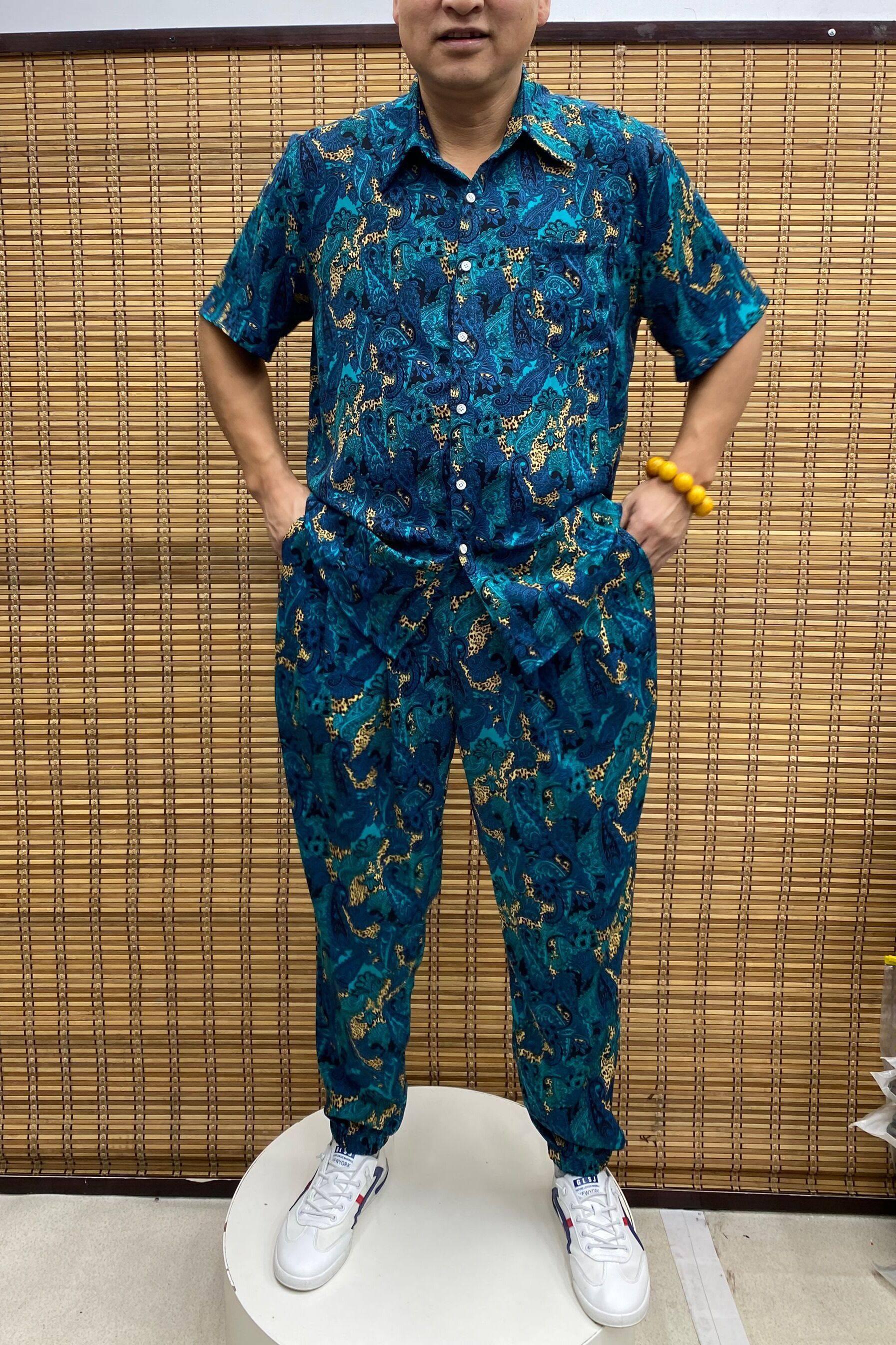 夏季男士休闲半袖衬衫长裤印花套装宽松加肥大码薄款哈伦两件套潮