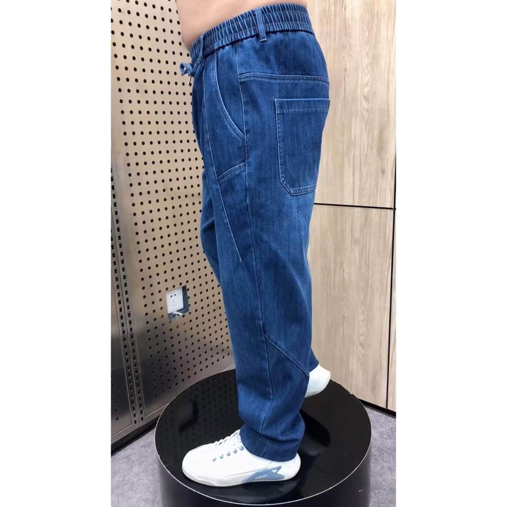 春秋季弹力直筒老爹牛仔裤宽松男士休闲季裤哈伦裤百搭中年小直角