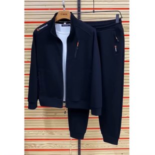 春秋季快手男士运动服套装蓝色外套中青年修身立领裤兜拉链两件套