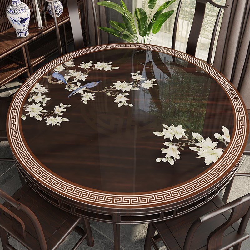 中式圆桌垫镂空软玻璃实木家用酒店双层圆桌桌布圆形餐桌垫桌面垫