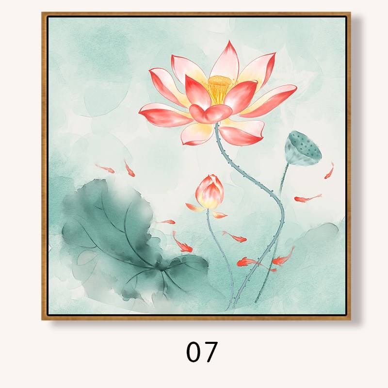 荷花装饰画正方形中式卧室挂画客厅玄关莲花鲤鱼图厕所卫生间壁画图片