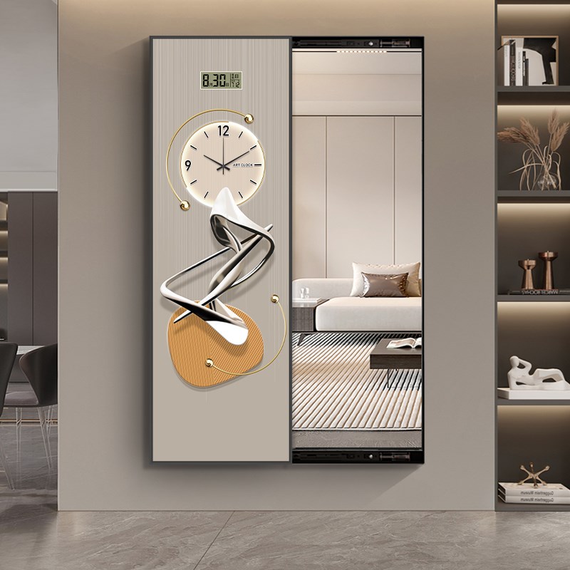 暗藏推拉式全身镜装饰画带钟表玄关隐形全身镜挂画可关闭全身镜