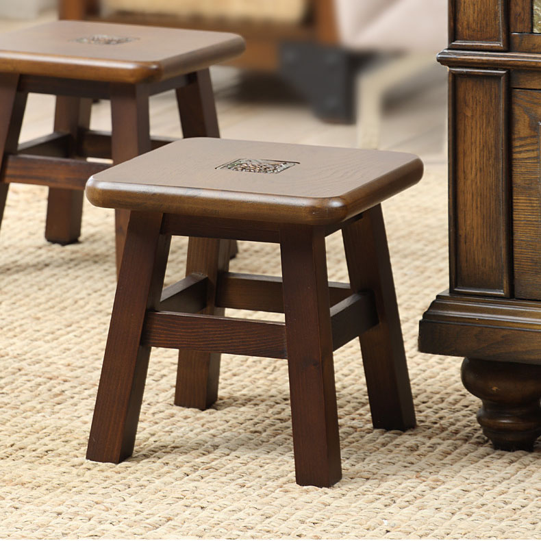 美式小板凳复古实木矮凳子欧式家用客厅茶几沙发脚凳儿童换鞋凳