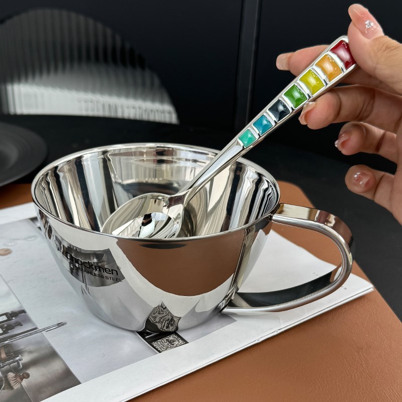 18/10不锈钢带手柄双层碗早餐燕麦牛奶杯隔热防烫莲花碗吃饭喝汤