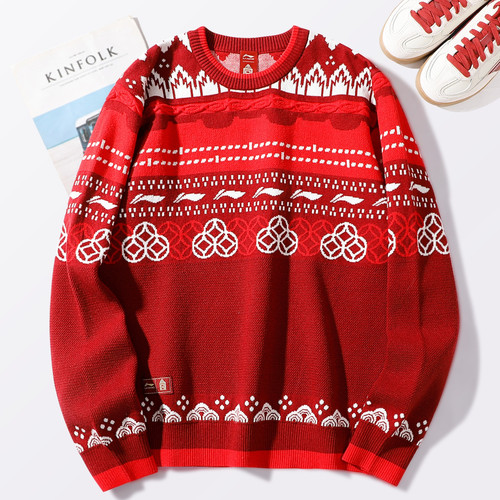 李宁日进斗金新年编织衫2026春季新款男子故宫联名本命年红色毛衣