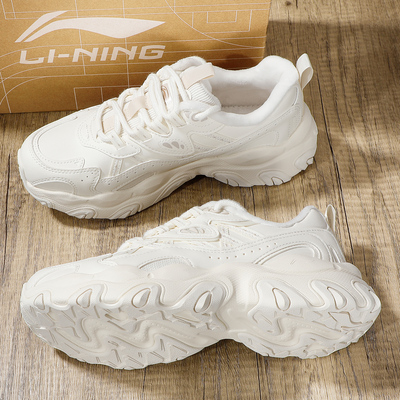 李宁休闲鞋女鞋2025冬季新款秋冬加绒猫爪鞋运动鞋复古潮流老爹鞋