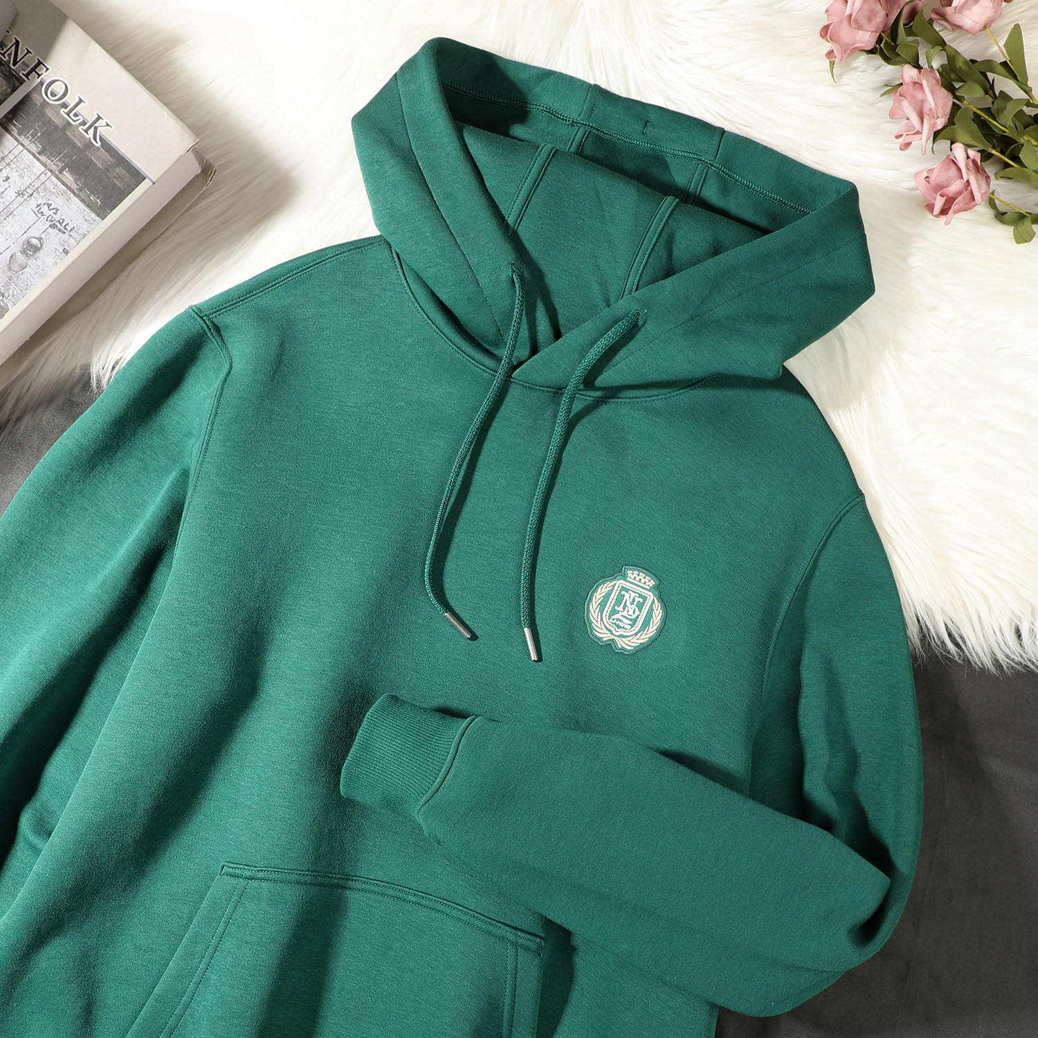 李宁宽松运动卫衣男款2026春季新品针织休闲套头连帽长袖绿色上衣