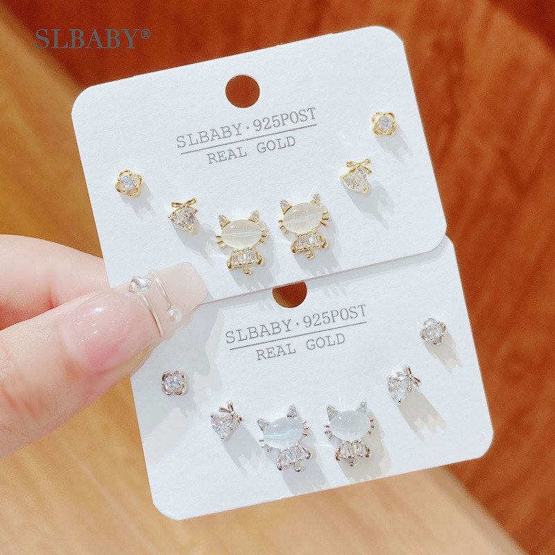 S925小猫耳钉女小众设计感可爱甜美亮眸简约猫眼石百搭跨境耳饰