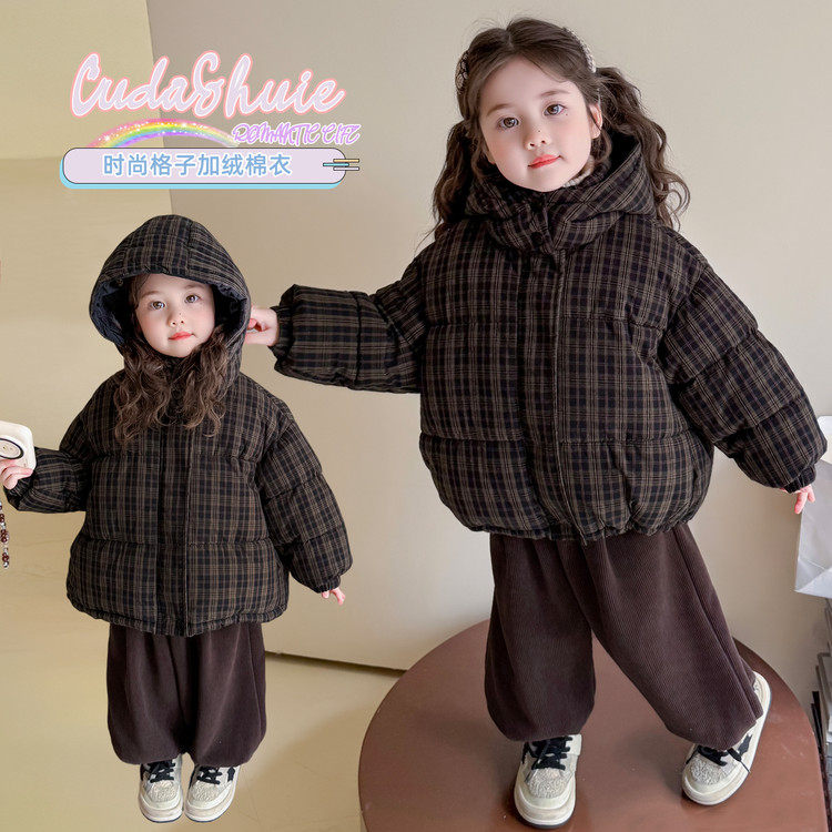 韩版儿童格子棉服男女童连帽加厚棉袄2025新款休闲外套