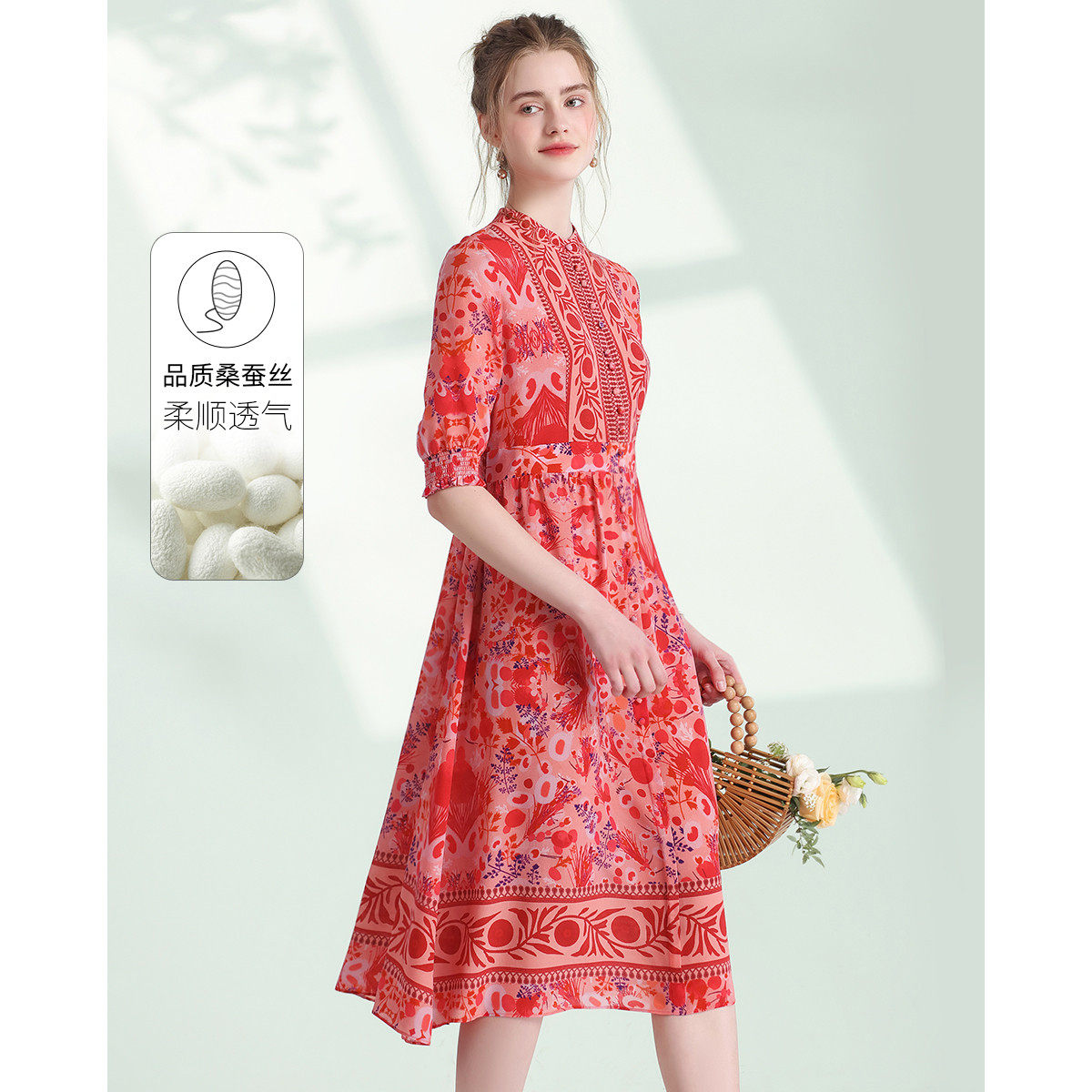 赛兔SAITU 夏季新款100%桑蚕丝双绉名族风印花真丝连衣裙 6831853