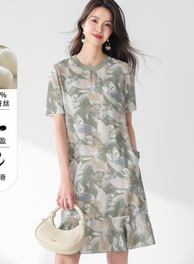 古今GUJIN  100%桑蚕丝圆领印花短袖真丝高级感连衣裙女 7224330