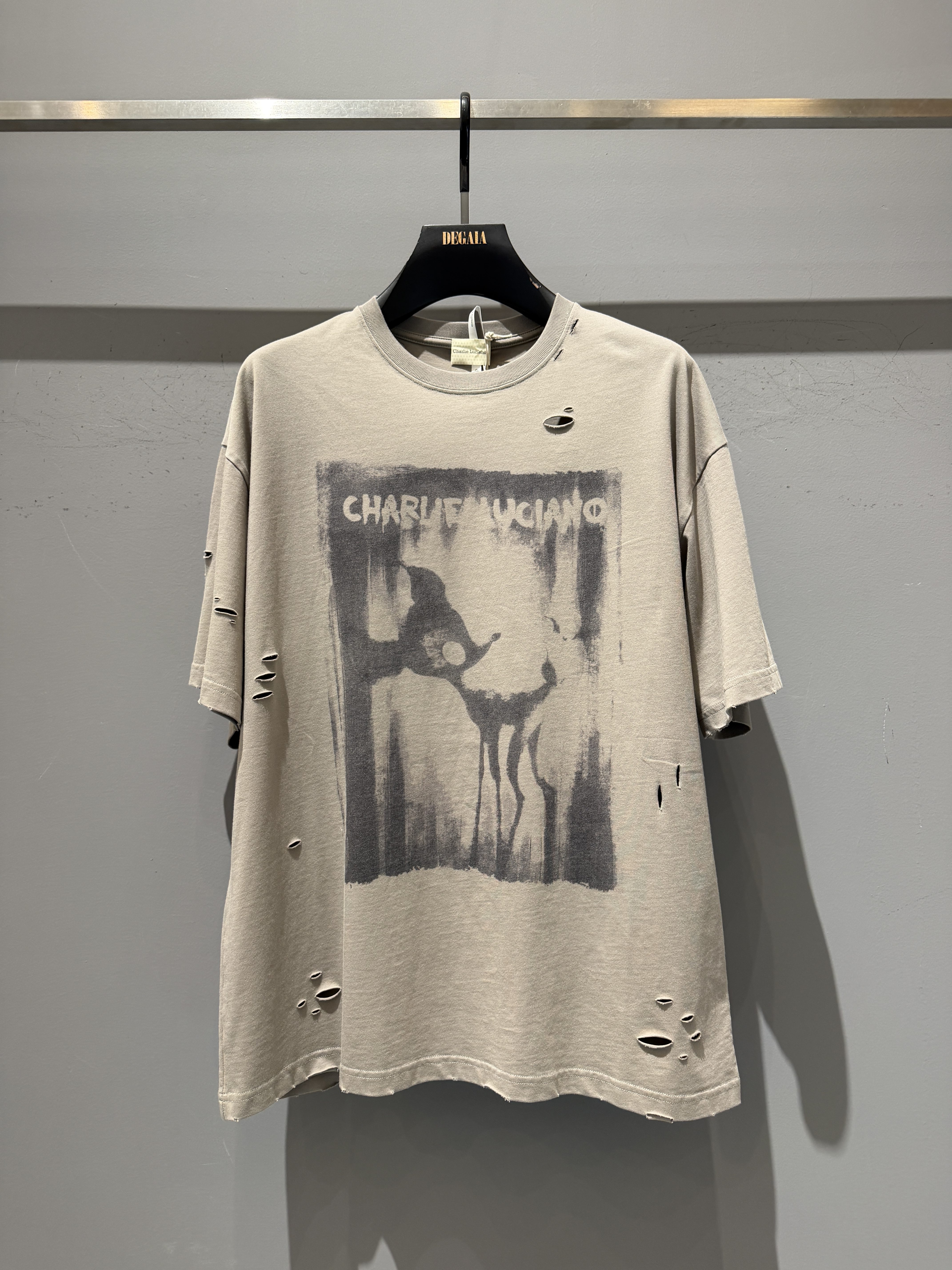 Charlie Luciano 破洞黑白小鹿印花短袖T恤做旧宽松休闲潮牌上衣