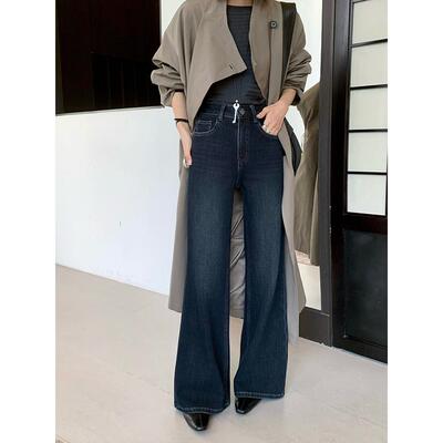 SMX98299加绒直筒微喇牛仔裤女冬季喇叭裤高腰加厚黑金阔腿拖地裤