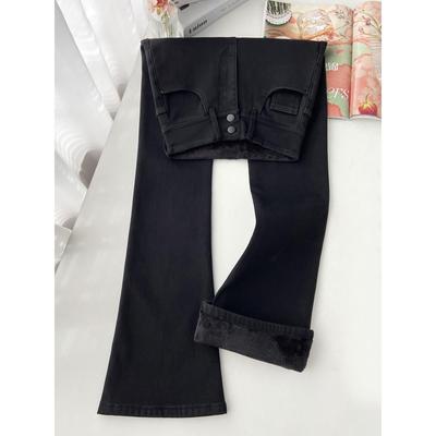 黑色加绒加厚微喇牛仔裤女2025年新款高腰弹力显瘦加长高个子喇叭