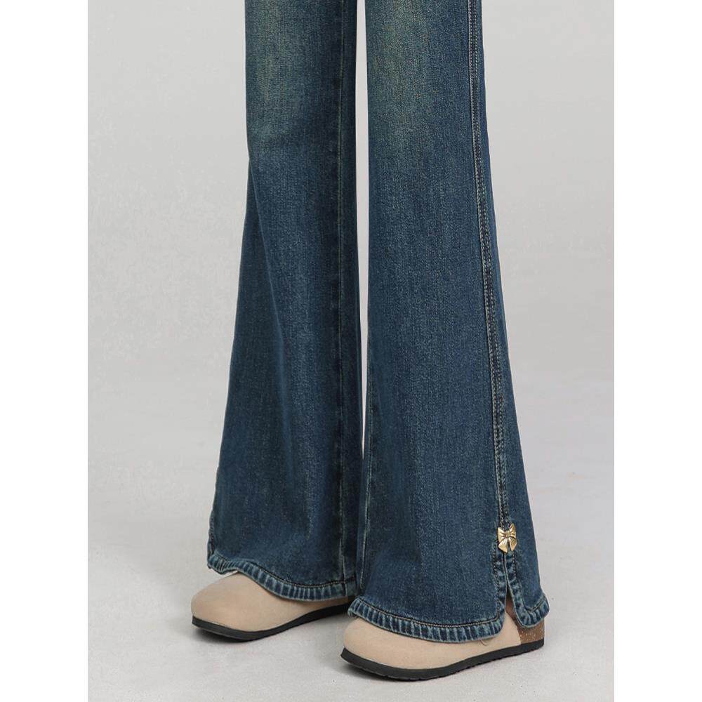 覆古靴型牛仔裤2025新款小高腰修身Look多用途及地开衩马蹄形喇叭