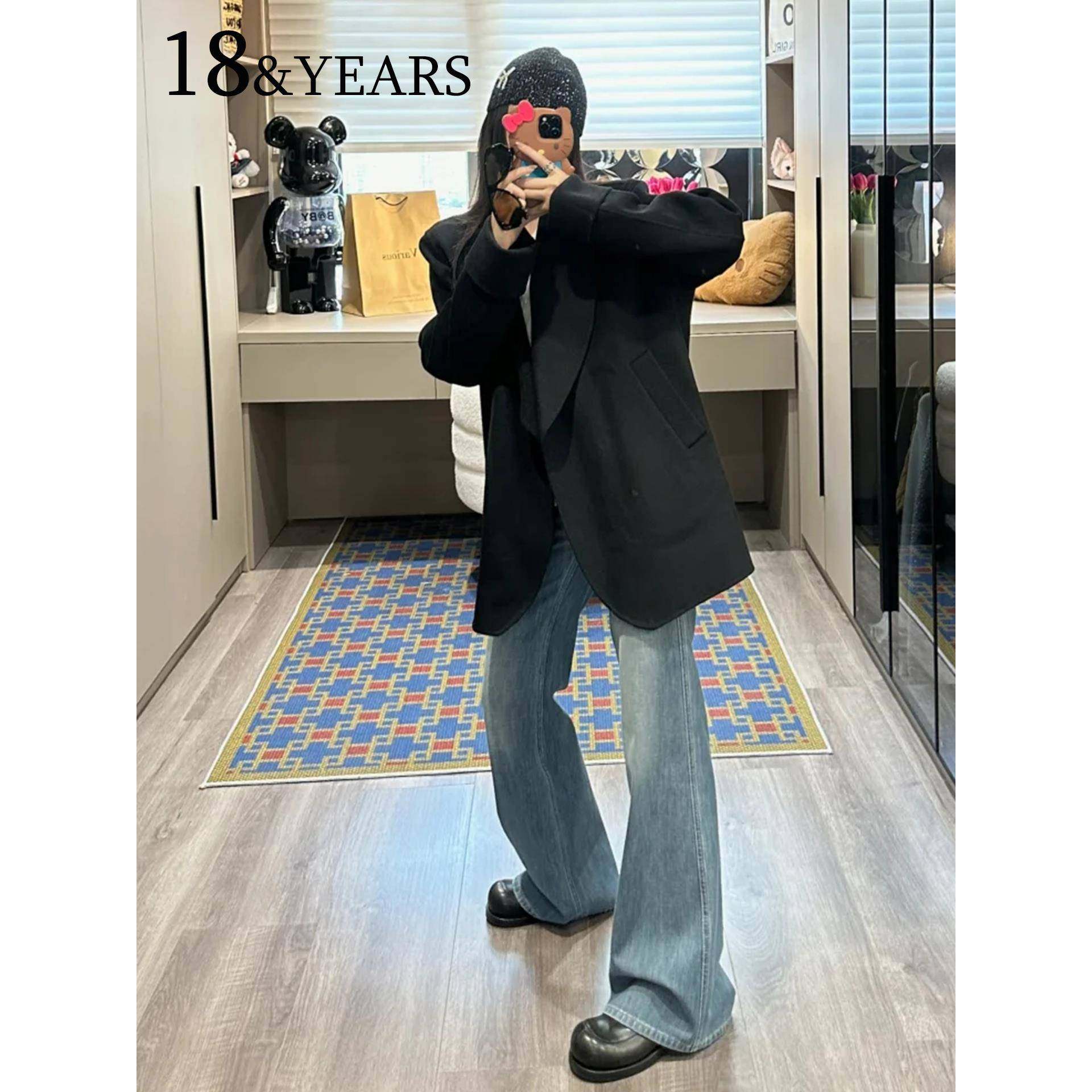 覆古加绒微喇牛仔裤女秋冬2025新款高腰显瘦不贴腿小个子喇叭裤子