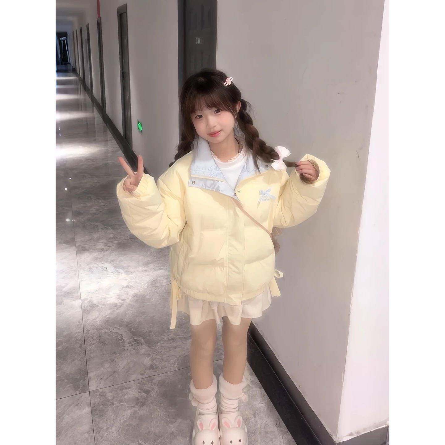 甜美蝴蝶结奶黄色羽绒棉服女2025冬季新款加厚小个子短款棉衣外套