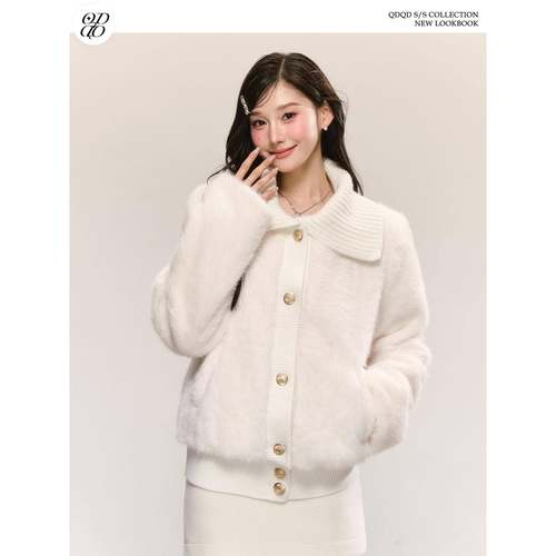 QDQD 甜美可爱风软糯大翻领环保皮草秋冬新款白色皮毛一体外套女