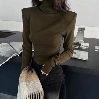 垫肩打底衫女秋冬新款高领长袖T恤内搭加厚薄绒修身显瘦正肩上衣