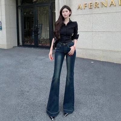 李李服饰蓝灰色微喇牛仔裤女中低腰2025年夏季新款修身显瘦喇叭裤