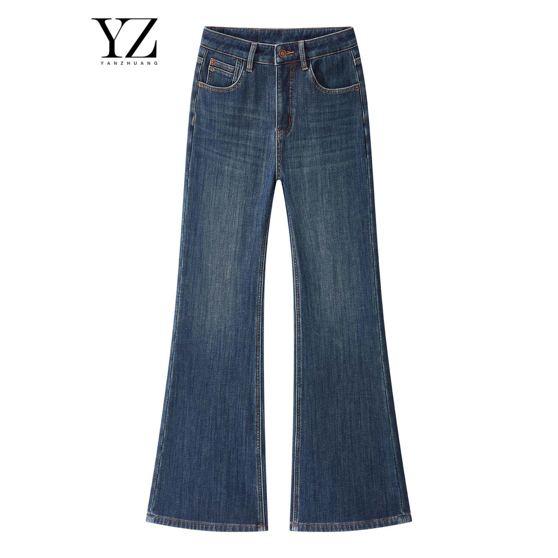 言装2025秋冬新品青铜蓝加绒【筒叭裤】四面弹牛仔裤女百搭显瘦