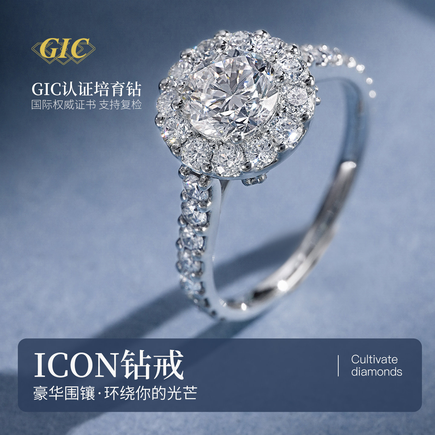 PT950铂金钻石戒指女icon围镶款1克拉钻戒时尚简约人工培育钻石