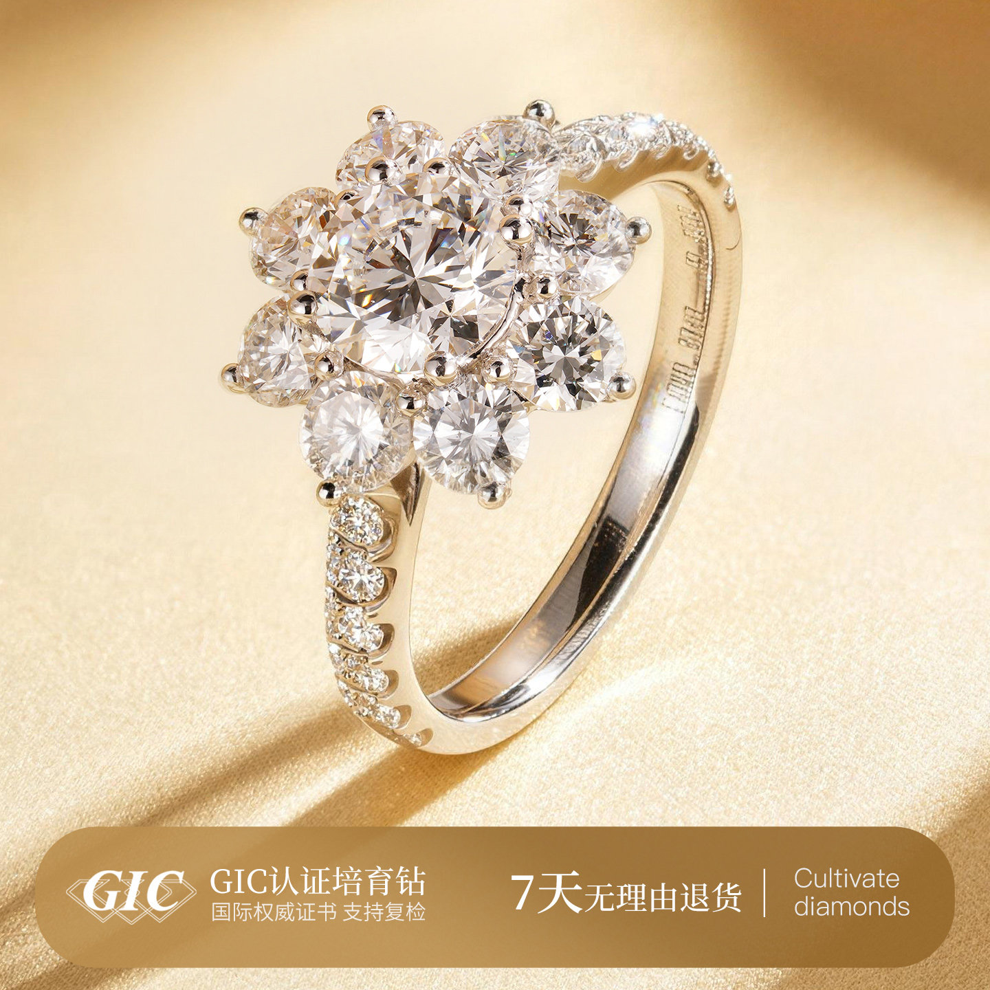 太阳花 豪华满钻戒指女PT950铂金钻石戒指高品质超闪奢华钻戒