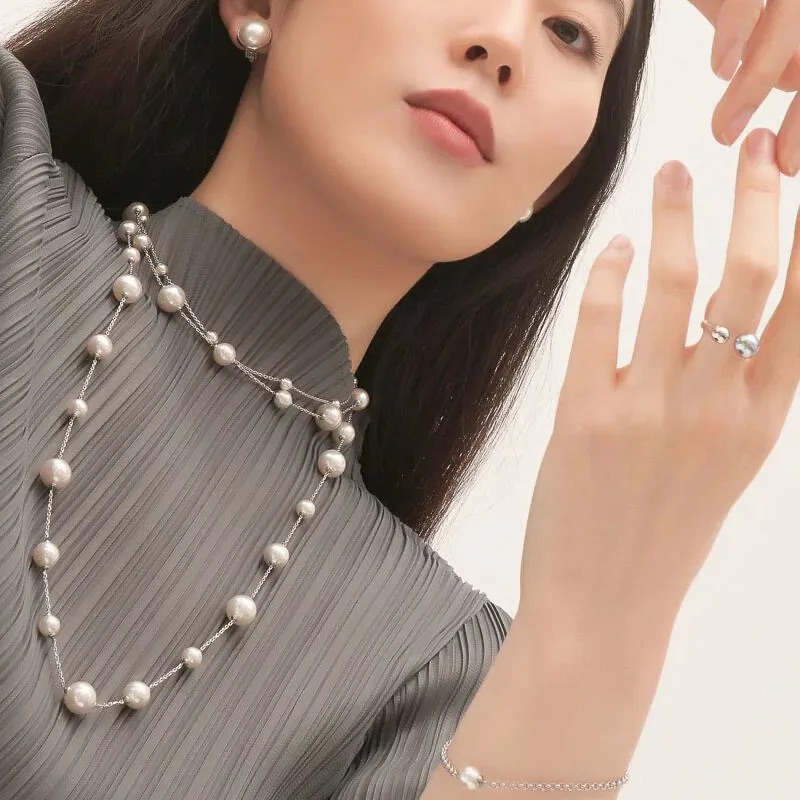 天然感项链毛衣链镀白金日常简约百搭人工西班牙马略卡珍珠满天星