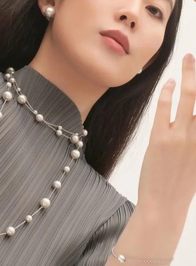天然感项链毛衣链镀白金日常简约百搭人工西班牙马略卡珍珠满天星