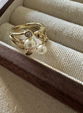 现货发西班牙手工珍珠戒指正圆极光高亮多层镀金4/6mm开口